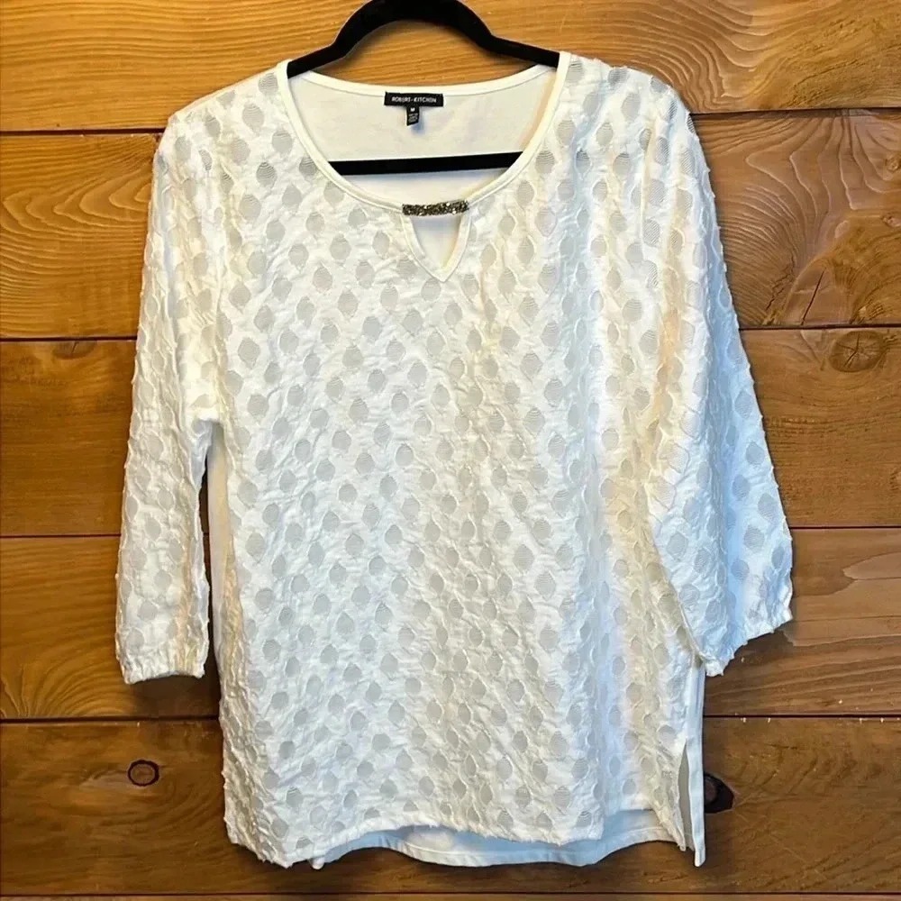 Robert Kitchen White‎ Textured Keyhole Beaded 3/4 Sleeve Blouse Top M Minimalist